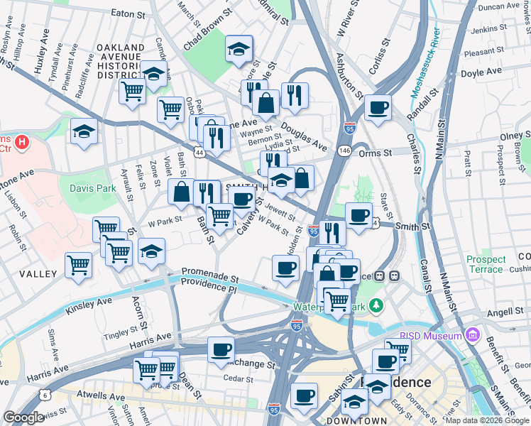 map of restaurants, bars, coffee shops, grocery stores, and more near 99 West Park Street in Providence