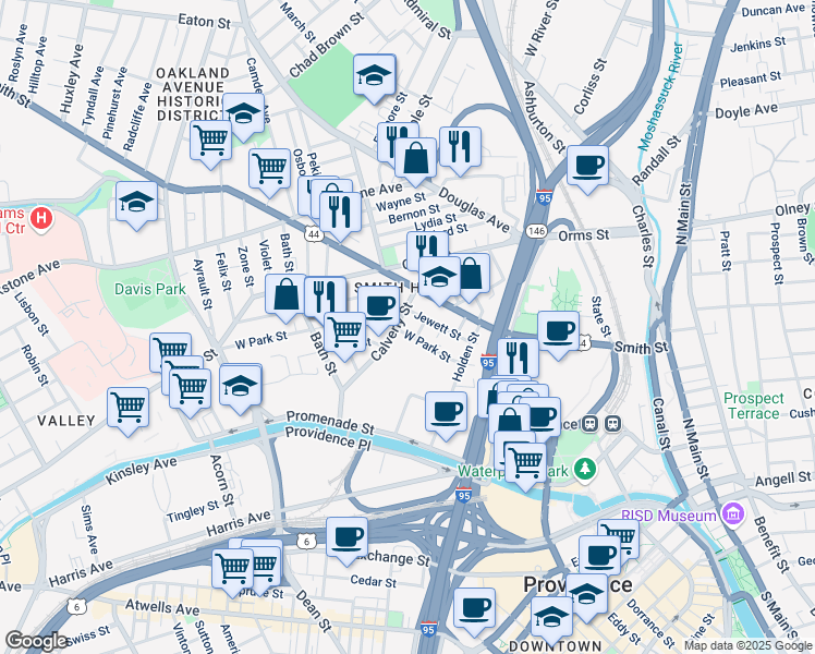 map of restaurants, bars, coffee shops, grocery stores, and more near 99 West Park Street in Providence