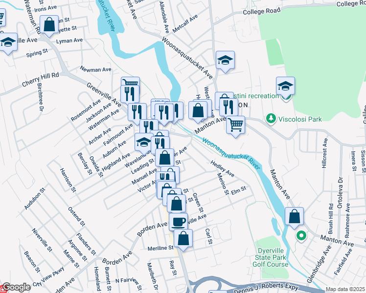 map of restaurants, bars, coffee shops, grocery stores, and more near 7 Amana Court in Johnston