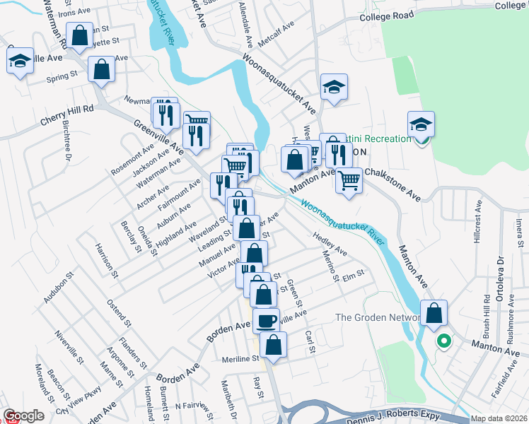 map of restaurants, bars, coffee shops, grocery stores, and more near 7 Amana Court in Johnston