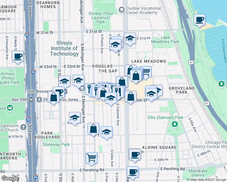 map of restaurants, bars, coffee shops, grocery stores, and more near 3430 South Giles Avenue in Chicago