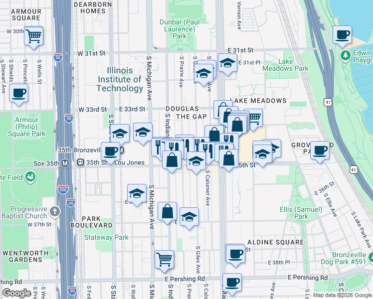 map of restaurants, bars, coffee shops, grocery stores, and more near 3430 South Giles Avenue in Chicago