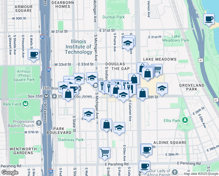 map of restaurants, bars, coffee shops, grocery stores, and more near 3424 South Prairie Avenue in Chicago