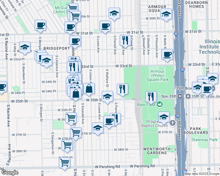 map of restaurants, bars, coffee shops, grocery stores, and more near 3420 South Parnell Avenue in Chicago
