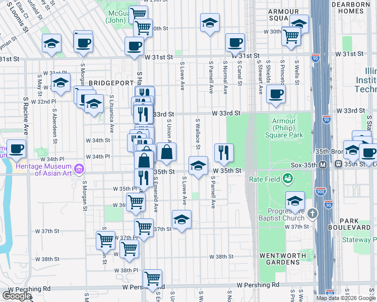 map of restaurants, bars, coffee shops, grocery stores, and more near 3419 South Lowe Avenue in Chicago