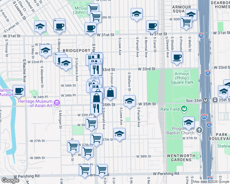 map of restaurants, bars, coffee shops, grocery stores, and more near 3419 South Union Avenue in Chicago