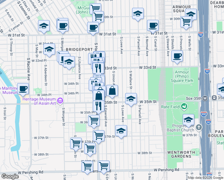 map of restaurants, bars, coffee shops, grocery stores, and more near 3419 South Union Avenue in Chicago