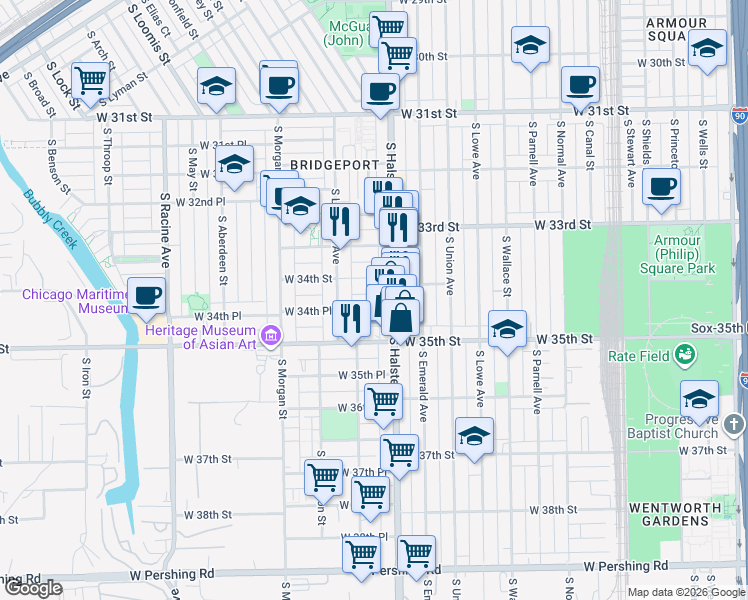 map of restaurants, bars, coffee shops, grocery stores, and more near 3424 South Halsted Street in Chicago