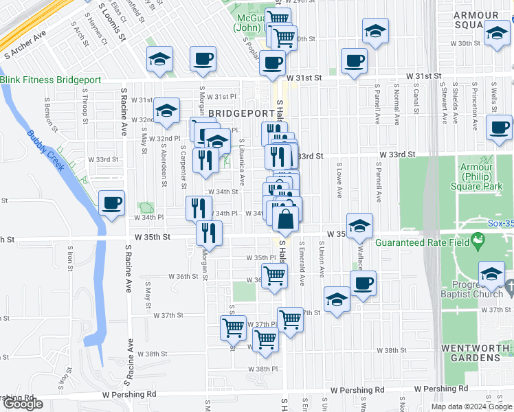 map of restaurants, bars, coffee shops, grocery stores, and more near 842 West 34th Place in Chicago