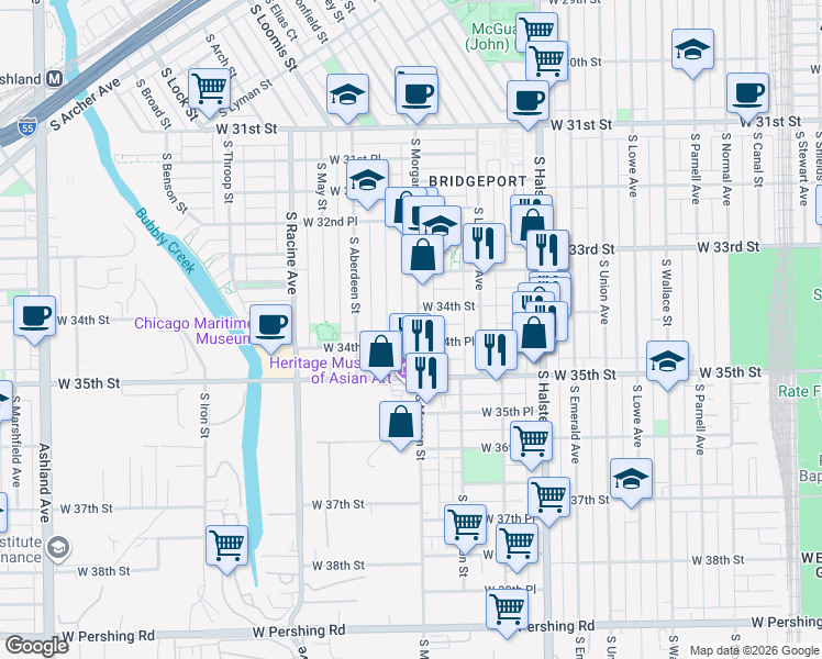 map of restaurants, bars, coffee shops, grocery stores, and more near 3423 South Morgan Street in Chicago