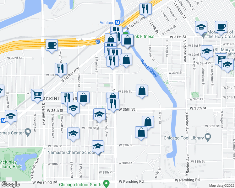 map of restaurants, bars, coffee shops, grocery stores, and more near 3420 South Justine Street in Chicago