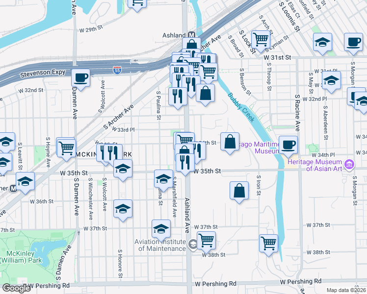 map of restaurants, bars, coffee shops, grocery stores, and more near 3410 South Ashland Avenue in Chicago