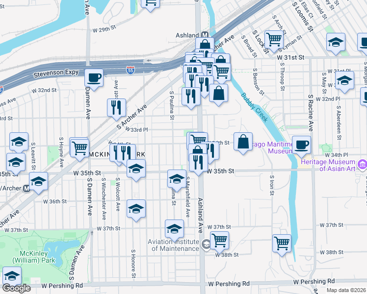 map of restaurants, bars, coffee shops, grocery stores, and more near 3407 South Paulina Street in Chicago