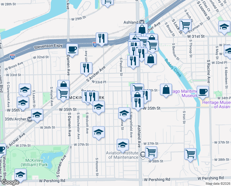 map of restaurants, bars, coffee shops, grocery stores, and more near 3407 South Hermitage Avenue in Chicago