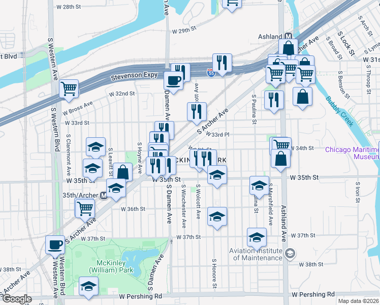 map of restaurants, bars, coffee shops, grocery stores, and more near in Chicago