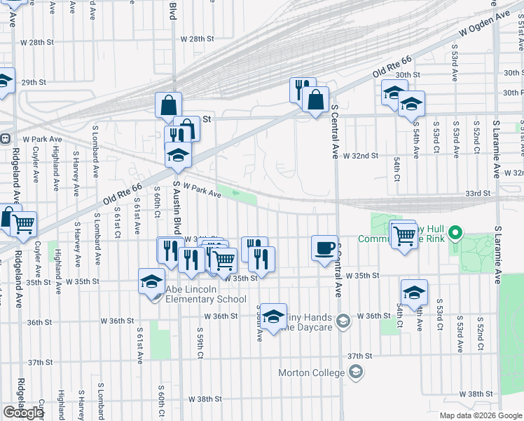 map of restaurants, bars, coffee shops, grocery stores, and more near 3303 South 58th Avenue in Cicero