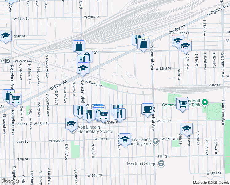 map of restaurants, bars, coffee shops, grocery stores, and more near 3303 South 58th Avenue in Cicero