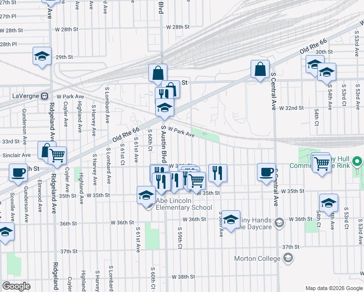 map of restaurants, bars, coffee shops, grocery stores, and more near 3300 South 59th Avenue in Cicero