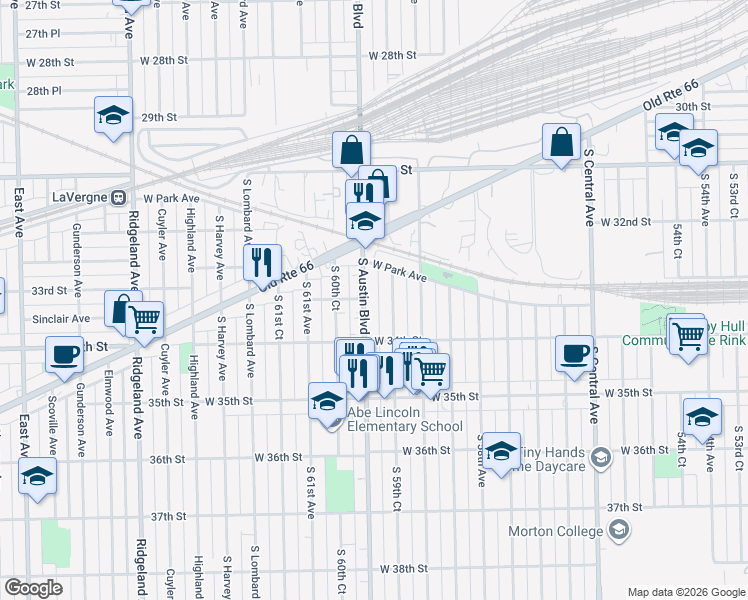 map of restaurants, bars, coffee shops, grocery stores, and more near 3304 South 59th Court in Cicero