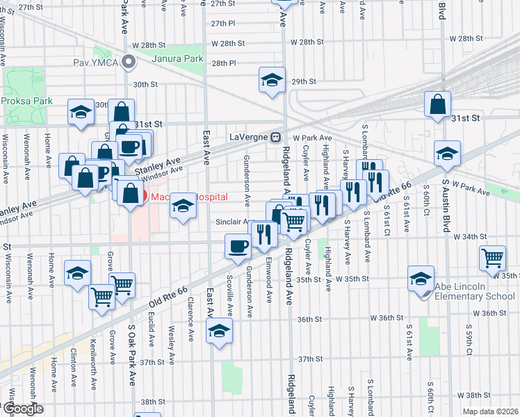 map of restaurants, bars, coffee shops, grocery stores, and more near 6426 33rd Street in Berwyn