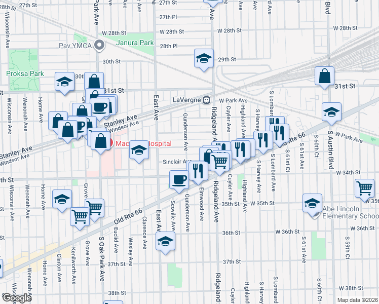 map of restaurants, bars, coffee shops, grocery stores, and more near 6426 33rd Street in Berwyn