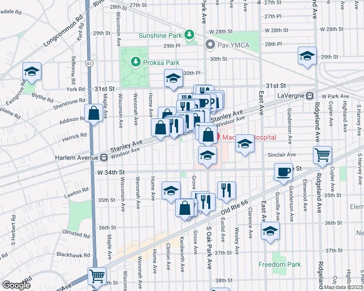 map of restaurants, bars, coffee shops, grocery stores, and more near 3307 Kenilworth Avenue in Berwyn