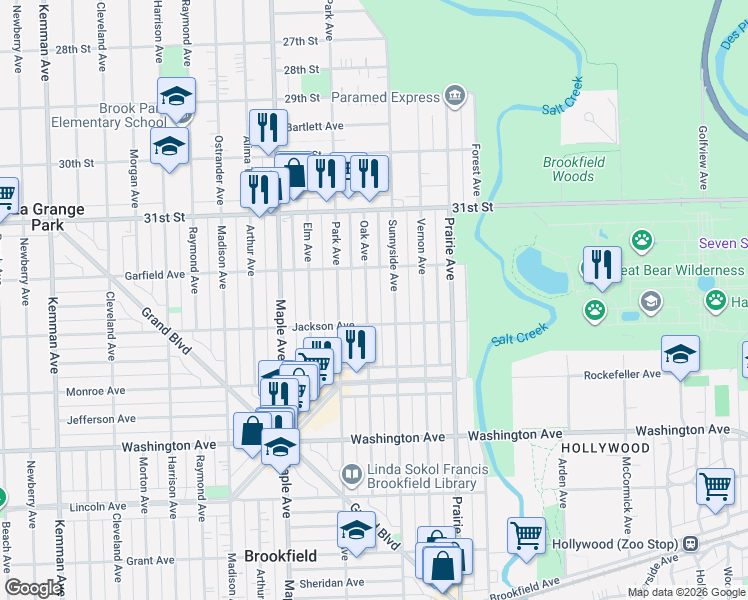 map of restaurants, bars, coffee shops, grocery stores, and more near 3229 Oak Avenue in Brookfield
