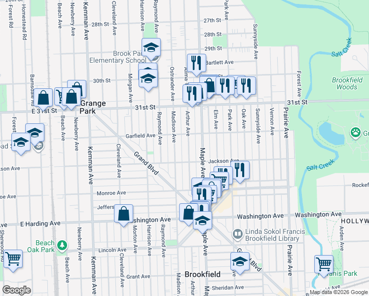 map of restaurants, bars, coffee shops, grocery stores, and more near 3227 Madison Avenue in Brookfield