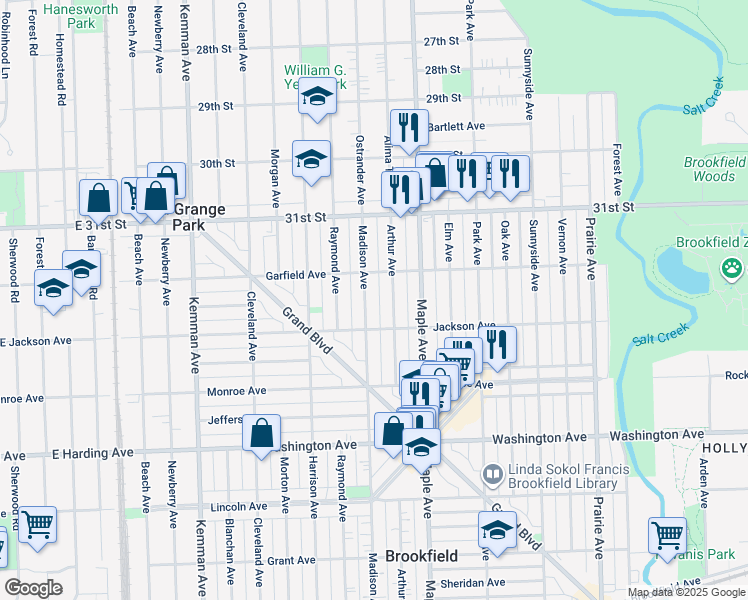 map of restaurants, bars, coffee shops, grocery stores, and more near 3227 Madison Avenue in Brookfield