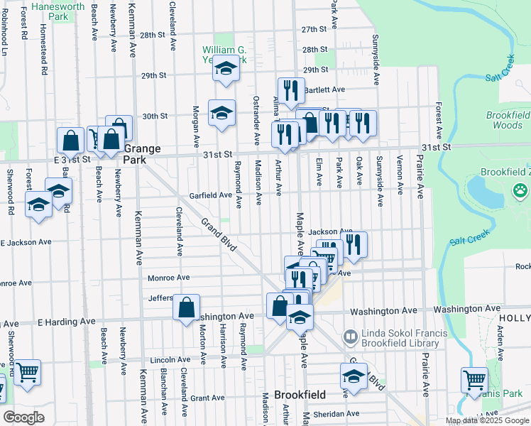 map of restaurants, bars, coffee shops, grocery stores, and more near 3227 Madison Avenue in Brookfield