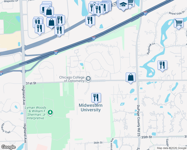 map of restaurants, bars, coffee shops, grocery stores, and more near 2S757 Avenue Orleans in Oak Brook
