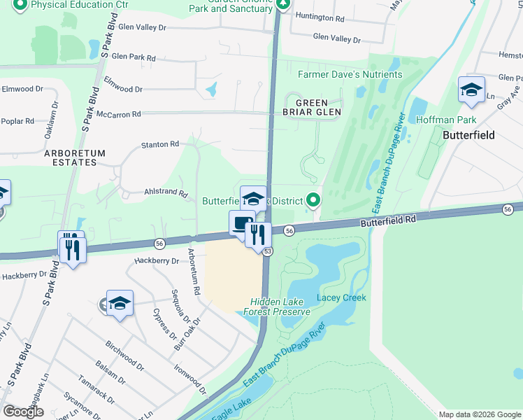 map of restaurants, bars, coffee shops, grocery stores, and more near 70 Butterfield Road in Glen Ellyn