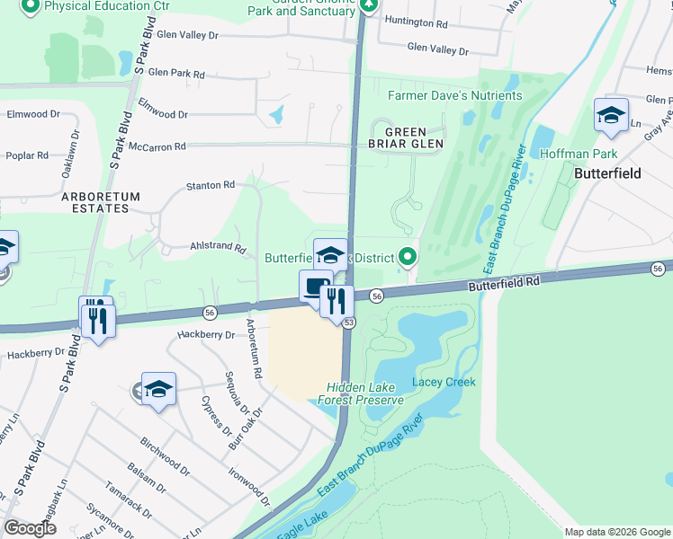 map of restaurants, bars, coffee shops, grocery stores, and more near 70 Butterfield Road in Glen Ellyn