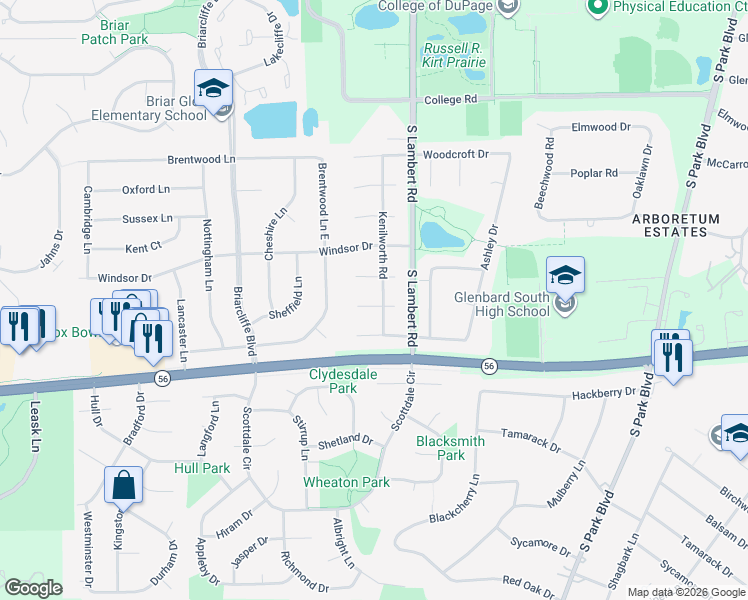 map of restaurants, bars, coffee shops, grocery stores, and more near 23W235 Cambridge Court in Glen Ellyn