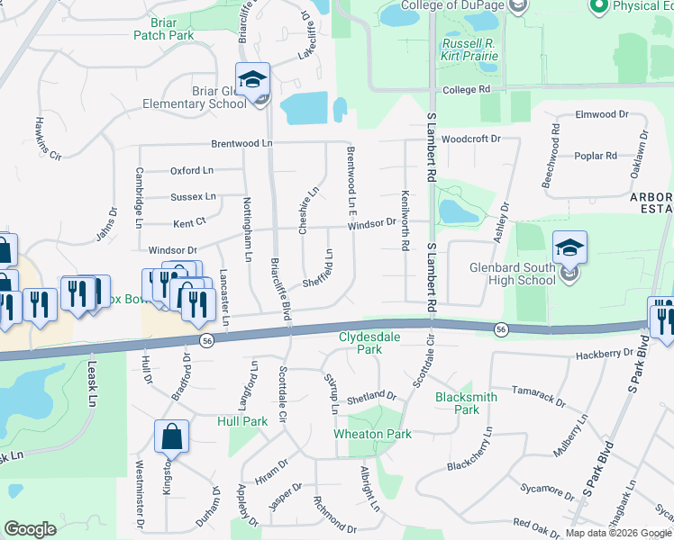 map of restaurants, bars, coffee shops, grocery stores, and more near 2000 Brentwood Lane East in Wheaton