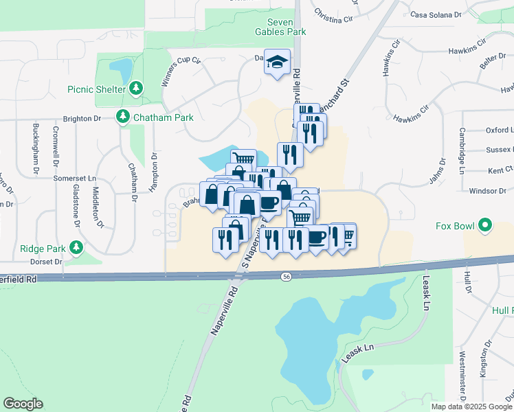 map of restaurants, bars, coffee shops, grocery stores, and more near 2042 South Naperville Road in Wheaton