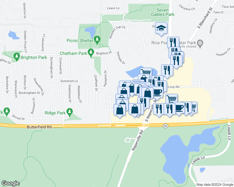 map of restaurants, bars, coffee shops, grocery stores, and more near 301-327 Brahms Court in Wheaton