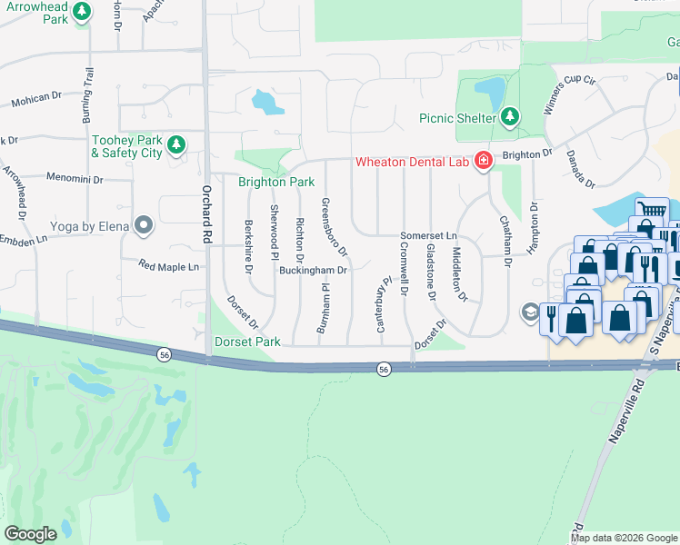 map of restaurants, bars, coffee shops, grocery stores, and more near 1002 Buckingham Drive in Wheaton