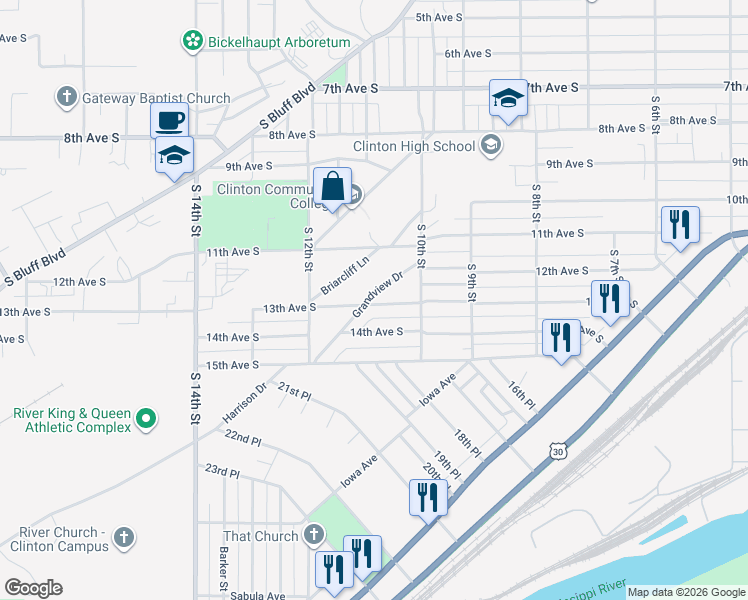 map of restaurants, bars, coffee shops, grocery stores, and more near 1001-1053 Grandview Drive in Clinton