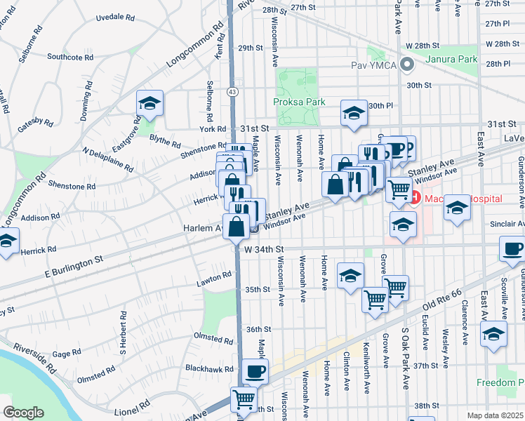 map of restaurants, bars, coffee shops, grocery stores, and more near 3249 Maple Avenue in Berwyn