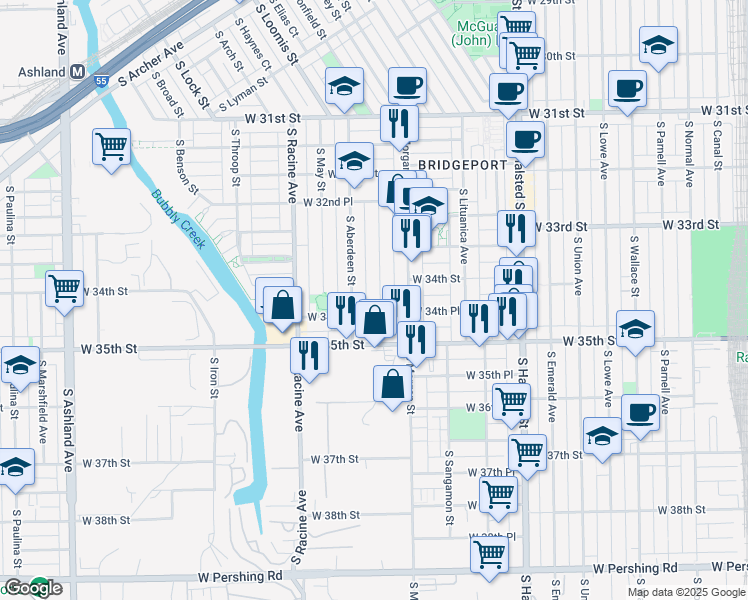 map of restaurants, bars, coffee shops, grocery stores, and more near 3418 South Carpenter Street in Chicago