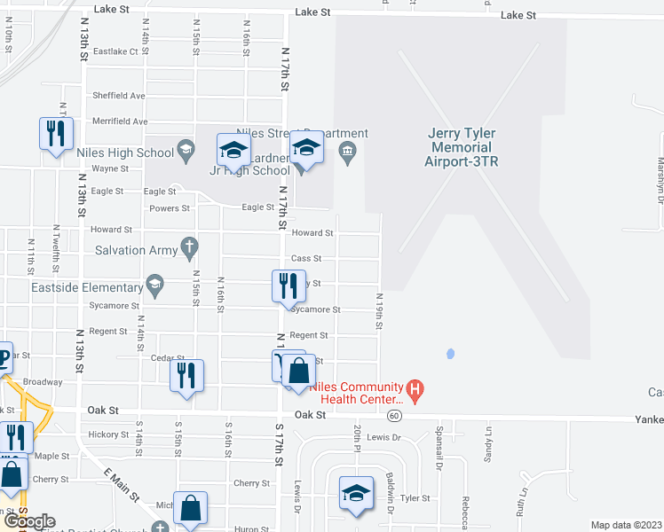 map of restaurants, bars, coffee shops, grocery stores, and more near 1738 Cass Street in Niles