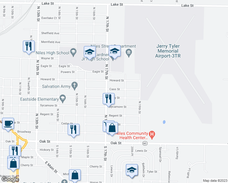 map of restaurants, bars, coffee shops, grocery stores, and more near 1710 Cass St in Niles