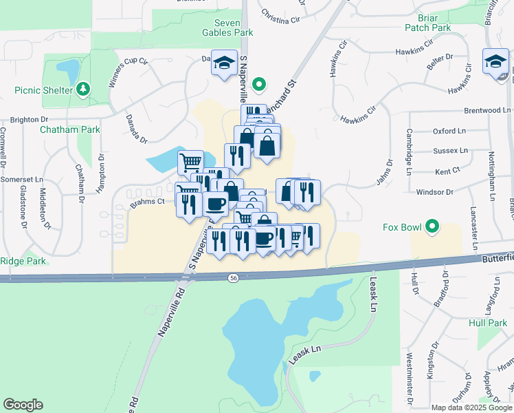 map of restaurants, bars, coffee shops, grocery stores, and more near 50 E Loop Rd in Wheaton