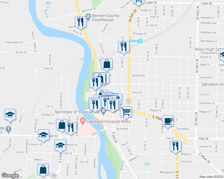 map of restaurants, bars, coffee shops, grocery stores, and more near 408 North 3rd Street in Niles