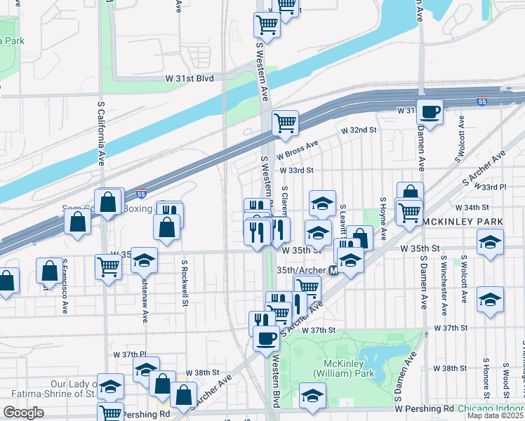 map of restaurants, bars, coffee shops, grocery stores, and more near 3400 S Western Ave in Chicago
