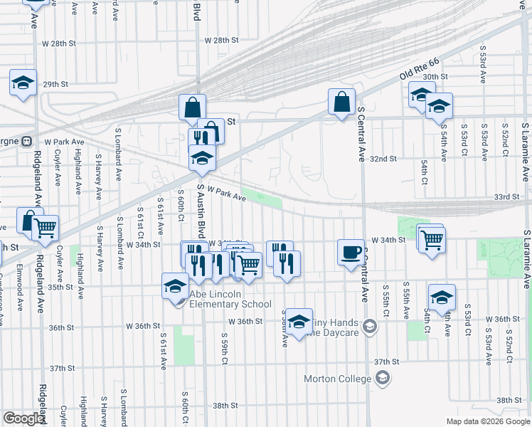 map of restaurants, bars, coffee shops, grocery stores, and more near 3266 South 58th Court in Cicero