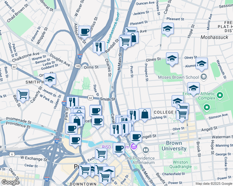 map of restaurants, bars, coffee shops, grocery stores, and more near 1 Constitution Hill in Providence