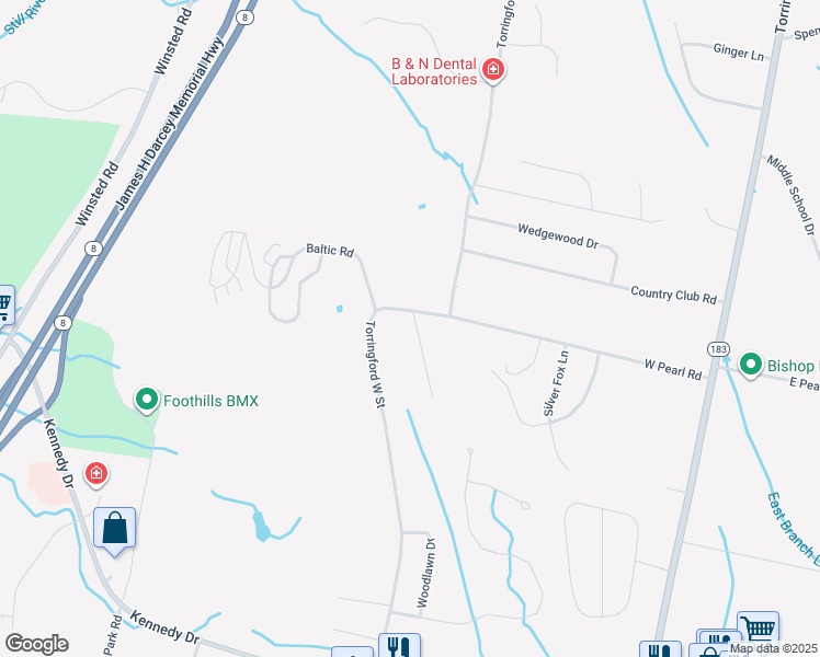 map of restaurants, bars, coffee shops, grocery stores, and more near 20 Tara Drive in Torrington