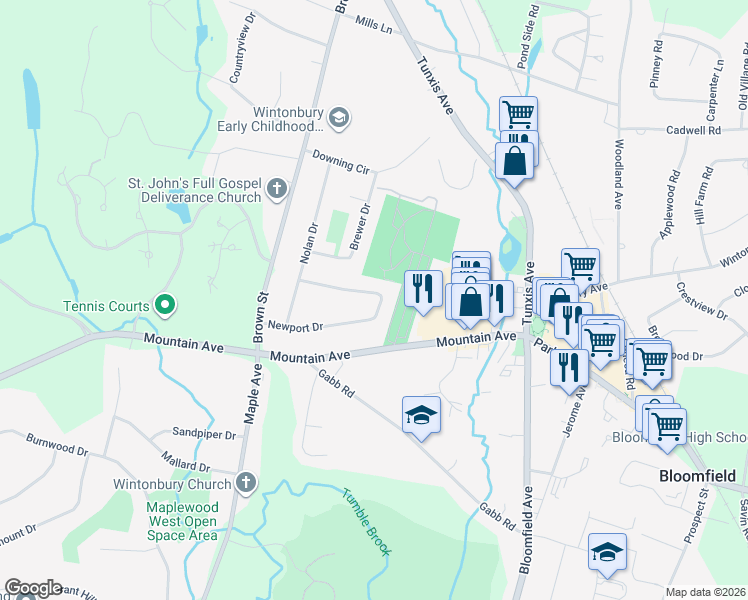 map of restaurants, bars, coffee shops, grocery stores, and more near 23 Newport Drive in Bloomfield